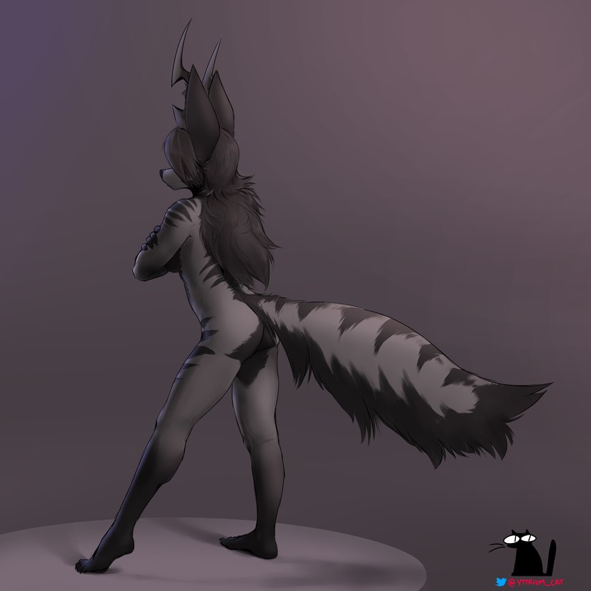 anthro black_hair butt countershade_butt countershade_fur countershade_legs countershade_tail countershade_torso countershading crossed_arms female fluffy fluffy_tail fur fur_markings gloves_(marking) hair horn leg_markings long_hair markings rear_view reverse_countershading socks_(marking) solo standing striped_body striped_fur striped_markings striped_tail stripes tail tail_markings yttrium_(artist) haze_(vision_haze) biyokant 1:1 full-length_portrait hi_res portrait shaded soft_shading