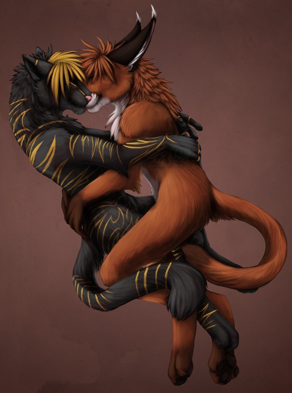 anthro black_body black_fur brown_body brown_fur cuddling duo fur male romantic romantic_couple simple_background striped_body striped_fur stripes tail white_body white_fur yellow_stripes runicnature caracal caracal_(genus) domestic_cat felid feline felis mammal absurd_res hi_res