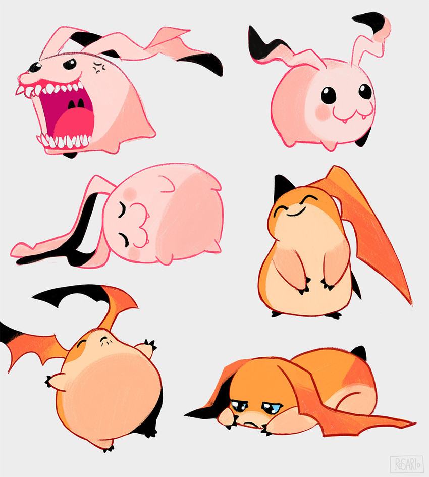 angry antennae_(anatomy) bat_wings black_eyes blue_eyes blush cute_fangs eyes_closed fangs feet lying membrane_(anatomy) membranous_wings open_mouth orange_body pink_body sharp_teeth sleeping solo standing teeth toes tongue uvula wings musethe bandai_namco digimon digimon_(species) patamon tokomon hi_res multiple_images