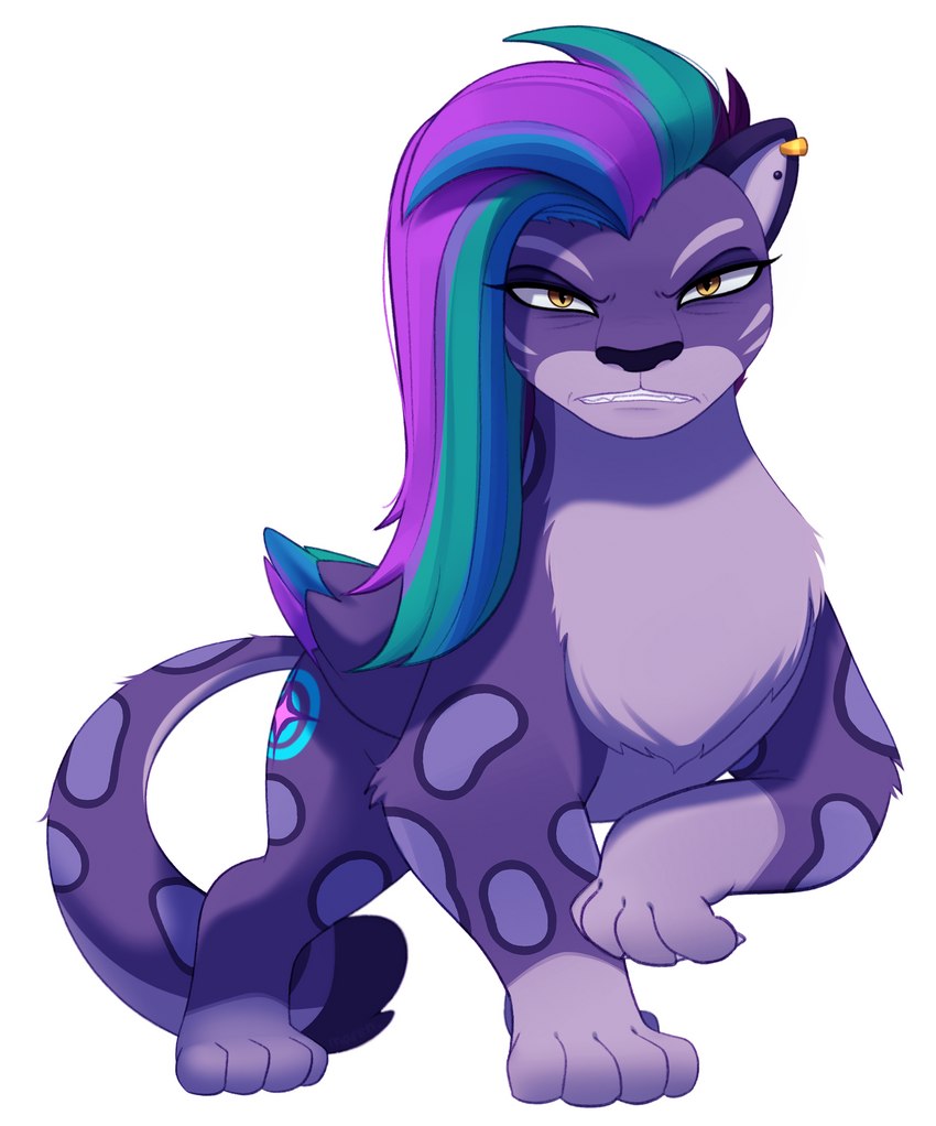 amber_eyes chest_tuft cutie_mark ear_piercing female feral fur green_hair hair long_hair long_tail looking_at_viewer markings multicolored_hair piercing purple_body purple_fur purple_hair solo spots spotted_body spotted_fur tail tuft wings marenlicious hasbro mlp_g5 my_little_pony allura_(mlp) felid mammal pantherine snow_leopard absurd_res hi_res