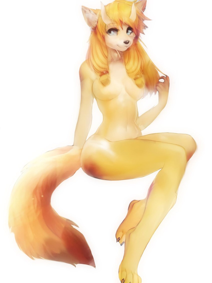 accessory amber_eyes anthro big_breasts big_butt black_nose breasts brown_body brown_fur brown_hair butt claws featureless_breasts female fur glistening glistening_body hair hair_accessory hairband horn long_hair looking_at_viewer navel simple_background smile solo toe_claws magomago melissa_(hipcat) canid canine canis domestic_dog felid feline hybrid mammal 3:4 digital_media_(artwork) hi_res