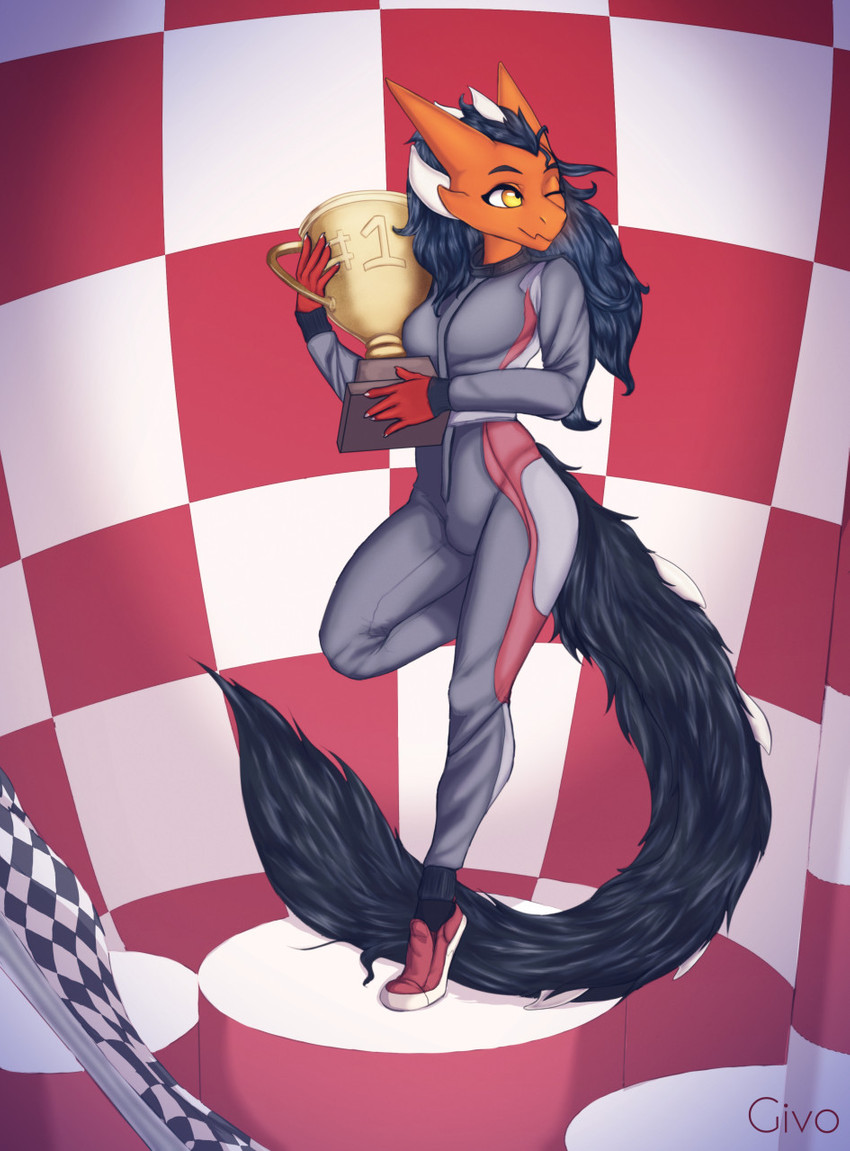 anthro clothing femboy hair horn long_hair long_tail male race_car solo suit tail givo mythology dragon mythological_creature mythological_scalie scalie hi_res