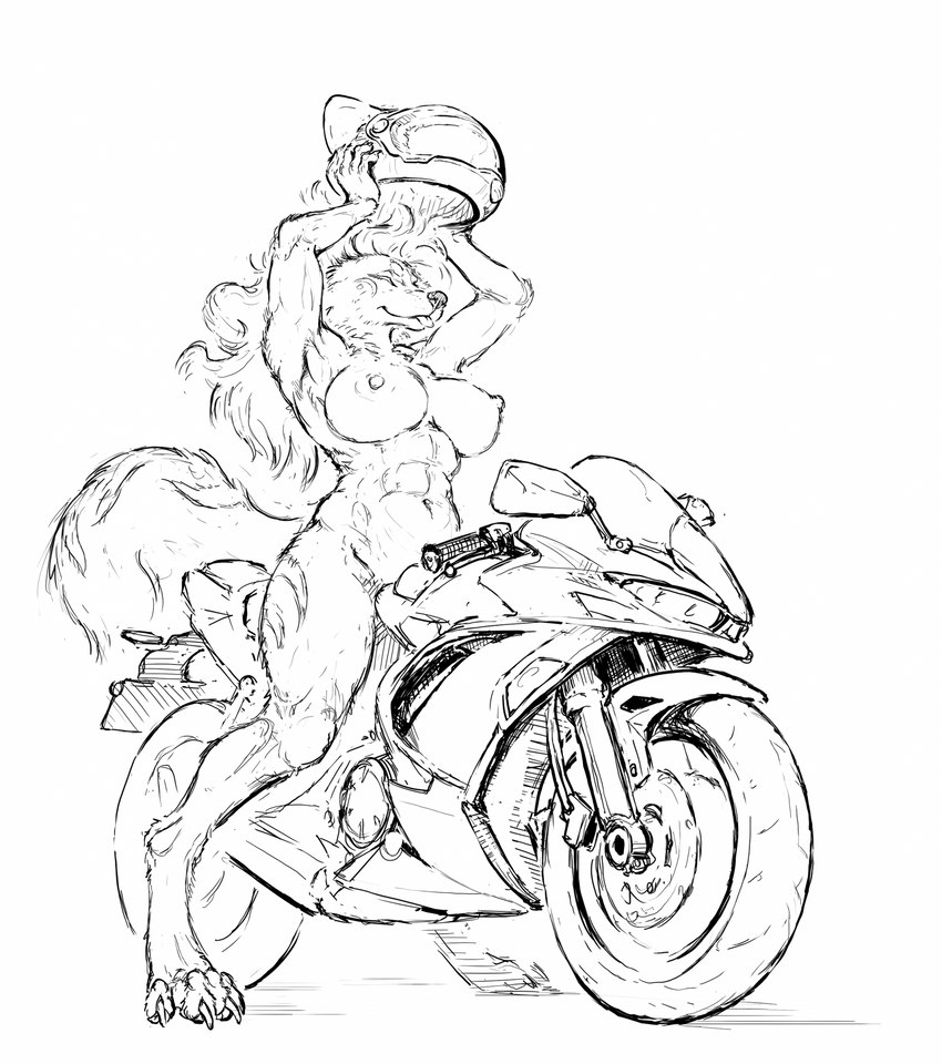 abs anthro areola armor blep breasts claws facial_markings female fluffy fluffy_tail fur fur_markings hair head_markings headgear helmet holding_armor holding_headgear holding_helmet holding_object long_hair markings motorcycle motorcycle_helmet muscular muscular_anthro muscular_female navel nipples nude simple_background solo tail toe_claws tongue tongue_out vehicle hotchkisstank canid canine canis mammal wolf 2022 hi_res monochrome