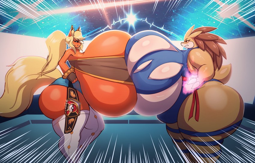 anthro big_breasts big_butt blush breast_squish breasts butt clothing female huge_breasts huge_butt hyper hyper_breasts hyper_butt solo squish staredown thick_thighs titfight torn_clothing norodoggo nintendo pokemon flarita sandpancake eeveelution flareon generation_1_pokemon pokemon_(species) sandslash