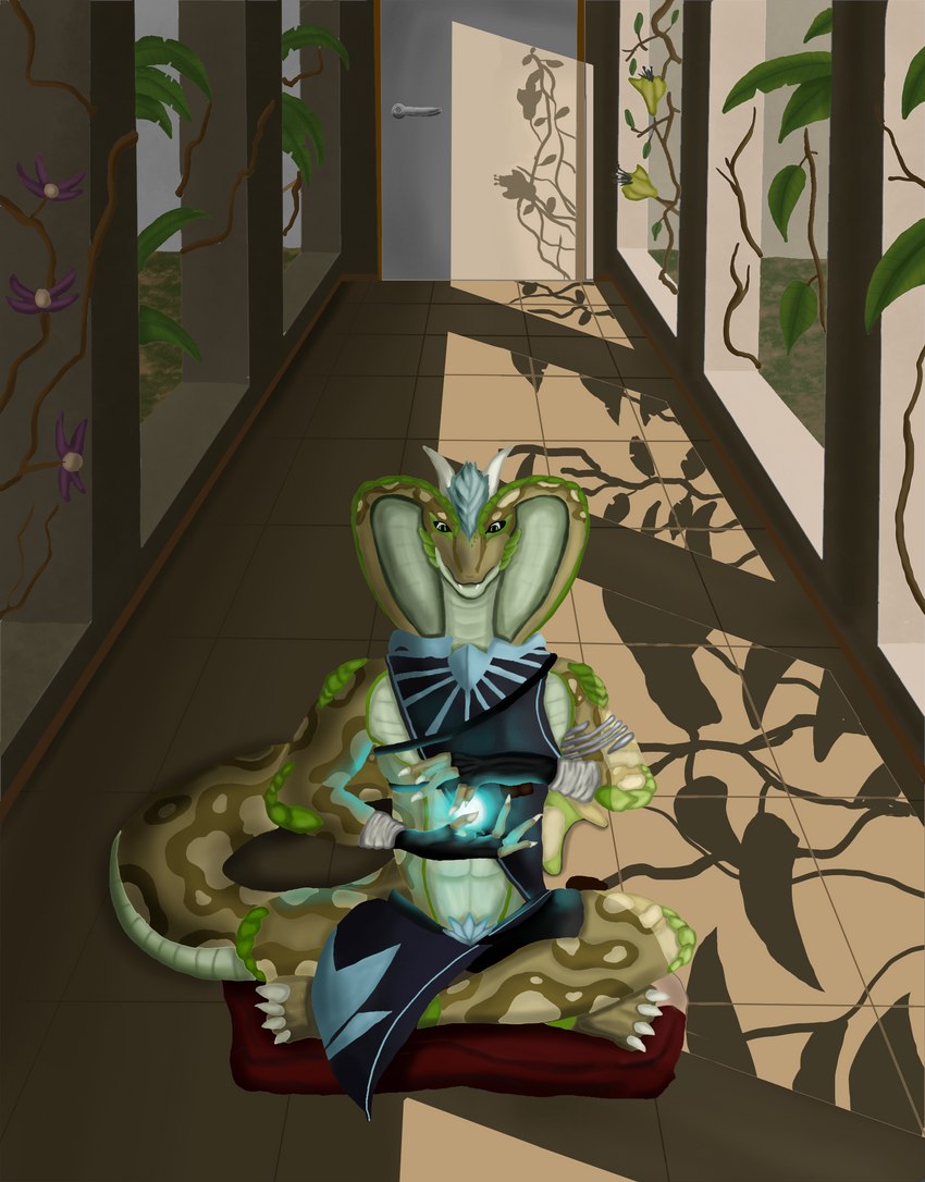 anthro athletic building clothed clothing crossed_legs evening horn inside magic male markings meditation modern partially_clothed snake_hood solo spots spotted_body tropical yellow_body akryloth reptile scalie snake hi_res