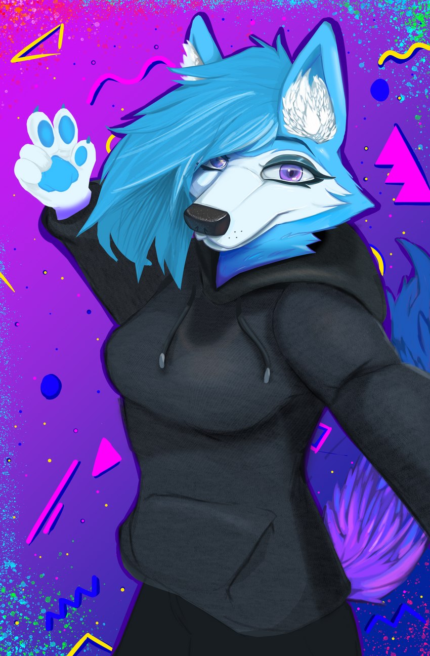 anthro black_nose blue_body blue_fur blue_hair blue_pawpads breasts female fingerpads fluffy fur furgonomics hair narrowed_eyes pawpads paws purple_eyes selfie snout solo white_body white_fur pockyco canid canine canis domestic_dog hybrid mammal wolf absurd_res digital_drawing_(artwork) digital_media_(artwork) hi_res portrait