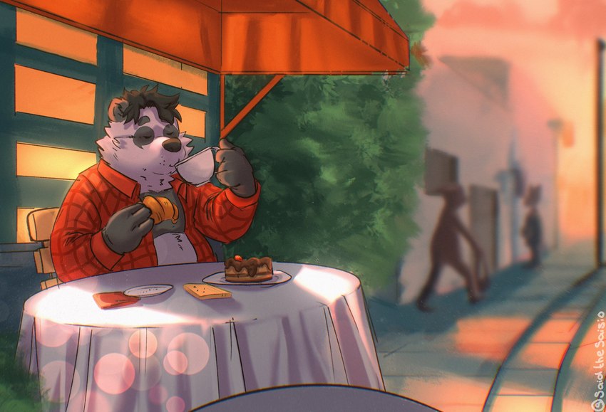 anthro biped black_body black_nose bread cake clothed clothing container croissant cup dessert detailed_background drinking food group humanoid_hands male open_clothing open_shirt open_topwear outside pastry shirt sitting slightly_chubby topwear trio white_body said_the_saisio bear giant_panda mammal 2022 hi_res