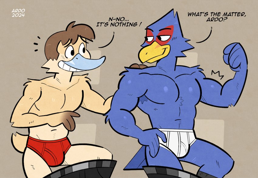 anthro armpit_hair beak black_bottomwear black_clothing black_pants black_text blue_beak blue_bill blue_body blue_feathers body_hair bottomwear bottomwear_down briefs brown_hair clothed clothing dialogue duck_bill duo feathers flexing flexing_muscles hair male male/male motion_lines muscular muscular_male open_mouth open_smile pants pants_down partially_clothed red_body red_briefs red_clothing red_feathers red_underwear smile tan_body tan_feathers teeth_showing text tighty_whities underwear white_briefs white_clothing white_text white_underwear yellow_beak tadaoardo national_underwear_day nintendo star_fox ardo_(tadaoardo) falco_lombardi anatid anseriform avian bird duck 2024 absurd_res english_text hi_res