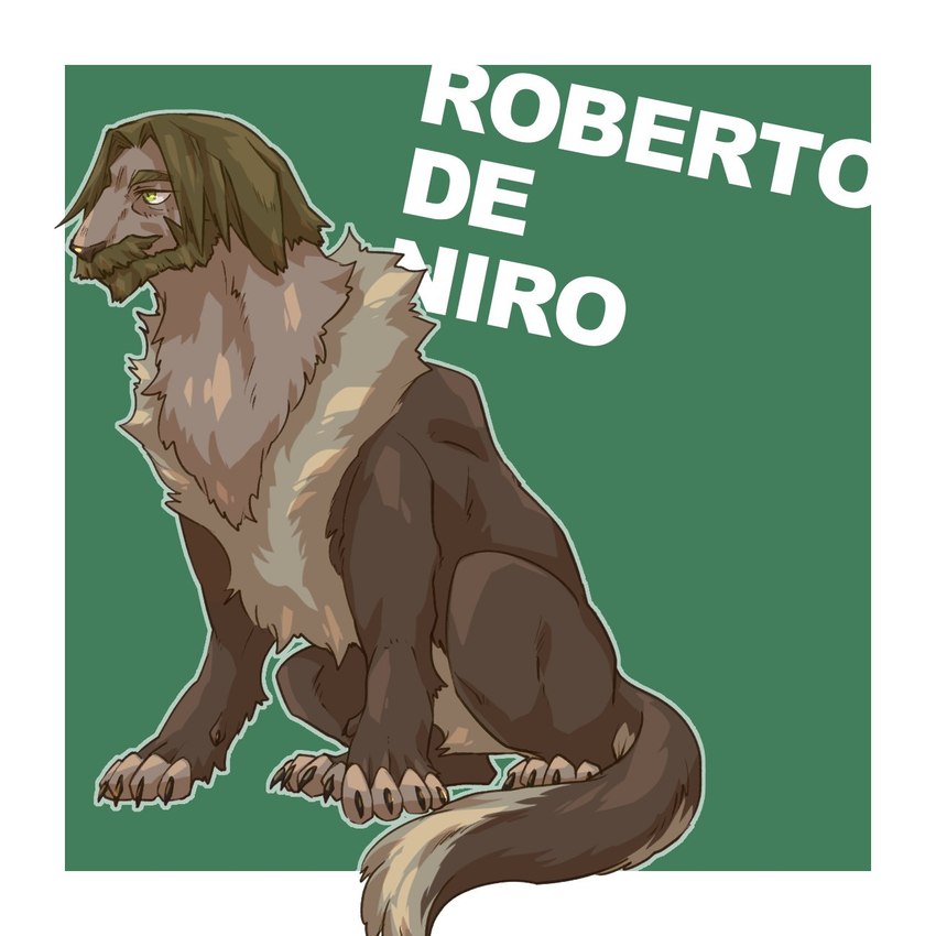 alternate_species brown_body brown_fur brown_hair claws facial_hair fur green_eyes hair male simple_background solo trash_boxxxxx trigun trigun_stampede roberto_de_niro canid canine canis domestic_dog mammal 1:1 hi_res