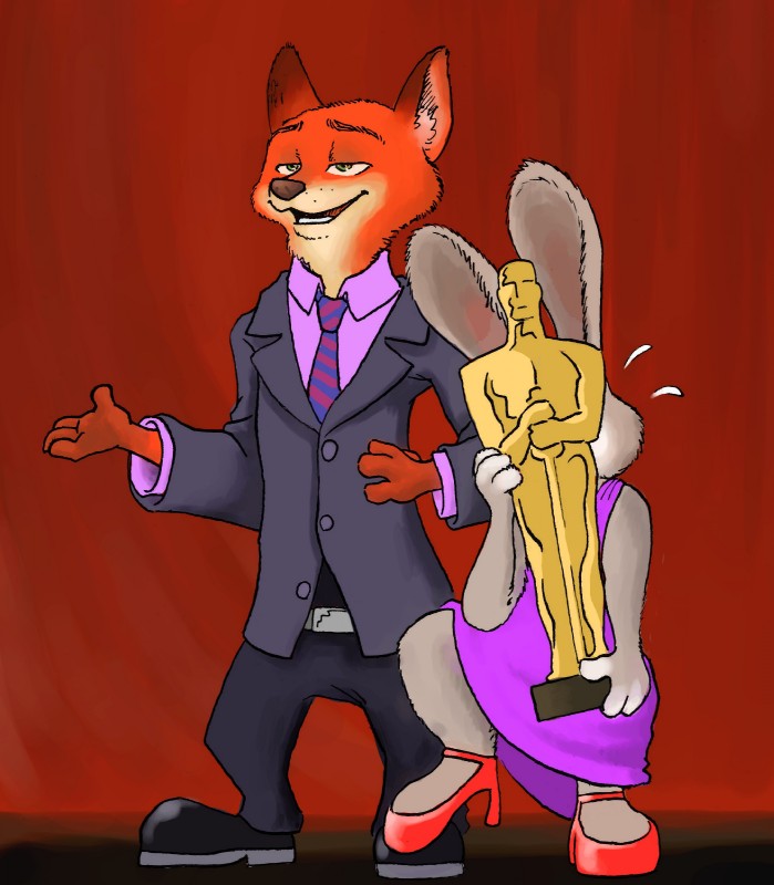 4_fingers anthro award clothed clothing duo female fingers fur holding_award holding_object holding_oscar_statuette larger_male male oscar_statuette size_difference smaller_female bomberhead67 academy_awards disney zootopia judy_hopps nick_wilde canid canine fox lagomorph leporid mammal rabbit red_fox true_fox 2017 hi_res