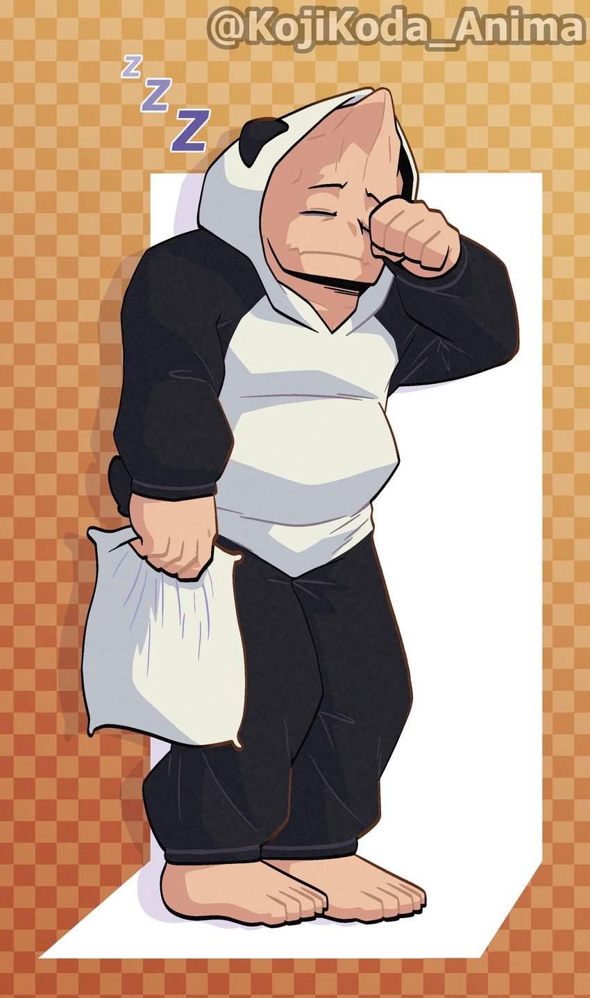 5_fingers barefoot clothing eye_bags eyes_closed feet fingers hoodie male mouth_closed panda_tail pillow pillow_grab simple_background solo tired topwear my_hero_academia koji_koda human mammal absurd_res hi_res