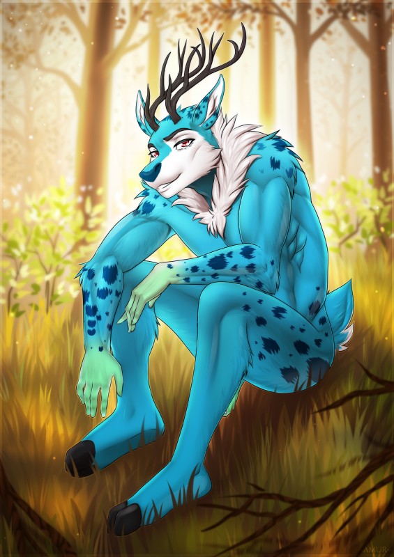 5_fingers anthro antlers biped blue_body blue_fur day detailed_background fingers fur hooves horn male nude outside plant red_eyes sitting smile solo tree amur kiba_(kibanashote) deer mammal 2019 absurd_res digital_media_(artwork) hi_res