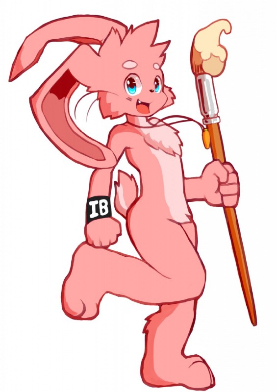 anthro barefoot biped blush brush feet jewelry looking_at_viewer mascot nude on_one_leg open_mouth paintbrush pendant side_view smile solo standing walking whiskers whiteleo inkbunny inkbunny_(character) lagomorph leporid mammal rabbit hi_res