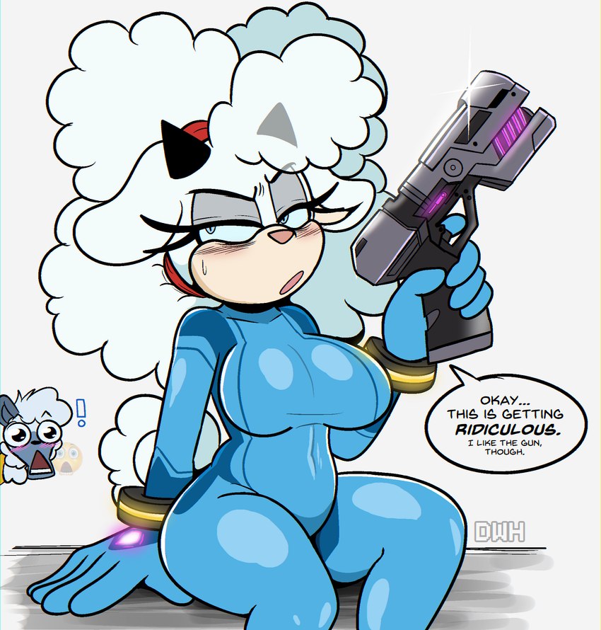 angry anthro big_breasts blue_clothing blue_eyes blush blush_lines bodily_fluids breasts chromatic_aberration clothing curled_tail curvy_anthro curvy_female curvy_figure dialogue duo ears_down exclamation_point eyelashes female fur glistening glowing glowing_accessory gun half-closed_eyes holding_object holding_weapon horn looking_at_another looking_away narrowed_eyes navel navel_outline open_mouth pink_nose pivoted_ears poofy_hair ranged_weapon shocked simple_background sitting skin_tight_suit solo_focus speech_bubble sweat sweatdrop tail thick_thighs tight_clothing weapon wide_eyed wide_hips wide_mouth wool_(fur) wristband wristwear zero_suit darkwolfhybrid idw_publishing metroid nintendo sega sonic_the_hedgehog_(comics) sonic_the_hedgehog_(idw) sonic_the_hedgehog_(series) lanolin_the_sheep_(sonic) tangle_the_lemur bovid caprine lemur mammal primate sheep strepsirrhine hi_res