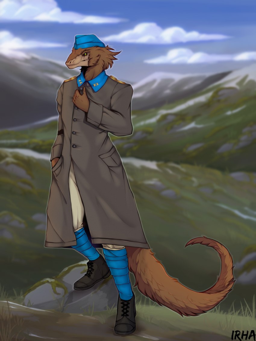 5_fingers anthro boots bottomwear boulder brown_body brown_fur brown_skin clothed clothing cloud coat fingers footwear fully_clothed fur gaiters green_eyes grey_clothing grey_coat grey_topwear hand_in_pocket hand_on_chest hat headgear headwear hill landscape landscape_background leg_wraps long_coat long_tail male outside pants plantigrade pockets pupils rock shoes sky slit_pupils snout solo standing tail topwear wraps yellow_eyes irha operation_snow_eagle hartoskh alien da'kar furred_scalie reptile scalie 3:4 colored hi_res shaded smaller_version_at_source source_request