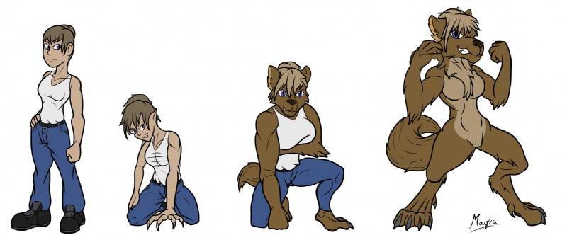 anthro base_one_layout basic_sequence black_nose blue_eyes bottomwear breasts brown_body brown_fur clothed clothed_to_nude clothing clothing_loss countershading denim denim_bottomwear denim_clothing featureless_breasts featureless_crotch female four_frame_image four_frame_sequence fully_clothed fully_clothed_to_nude fur grin hair hair_bun human_to_anthro jeans linear_sequence nude one_row_layout pants shirt smile solo species_transformation tank_top tied_hair topwear transformation transformation_sequence magra_(artist) mythology isa_wexler canid canine human mammal monster mythological_canine mythological_creature werecanid werecanine werecreature werewolf 2018 digital_media_(artwork) hi_res sequence