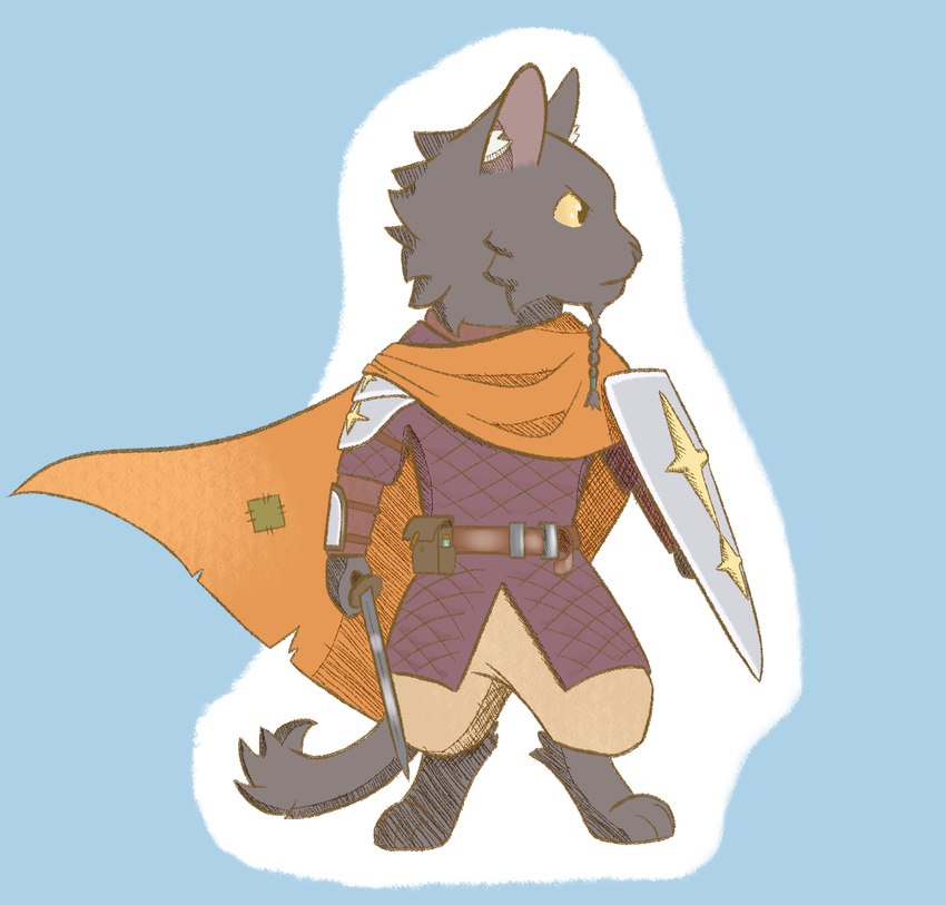 armor bag barefoot beard belt black_body black_fur black_nose bracers cloak clothed clothing digitigrade facial_hair feet fur inner_ear_fluff looking_away male melee_weapon pauldron potion shield simple_background solo sword tail tuft warrior weapon yellow_sclera chuchochi domestic_cat felid feline felis mammal