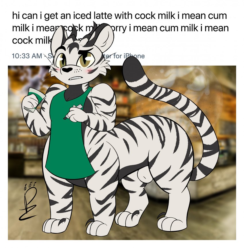 animal_genitalia apron apron_only blurred_background blush clothing digitigrade dipstick_tail eyebrows fully_sheathed fur genitals holding_object humor male markings photo_background quadruped raised_eyebrow sheath solo standing striped_body striped_fur stripes tail tail_markings text white_body white_fur 4foxsakes i_mean_breast_milk adux felid felid_taur mammal mammal_taur pantherine pantherine_taur taur tiger tiger_taur 2021 digital_drawing_(artwork) digital_media_(artwork) english_text flat_colors hi_res meme photography_(artwork) signature