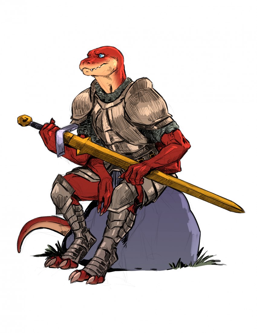 anthro armor male melee_weapon multi_limb muscular pose sitting solo sword weapon intricatevision ostarn crius reptile scalie snake hi_res pinup