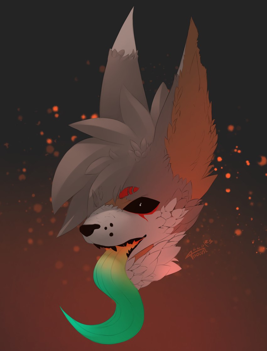 anthro black_sclera black_teeth cheek_tuft facial_tuft green_tongue long_tongue looking_at_viewer male neck_tuft solo teeth tongue tuft allodoodl blitz_(derpy-blitz) bolupus canid canine canis mammal wolf headshot_portrait hi_res portrait shaded