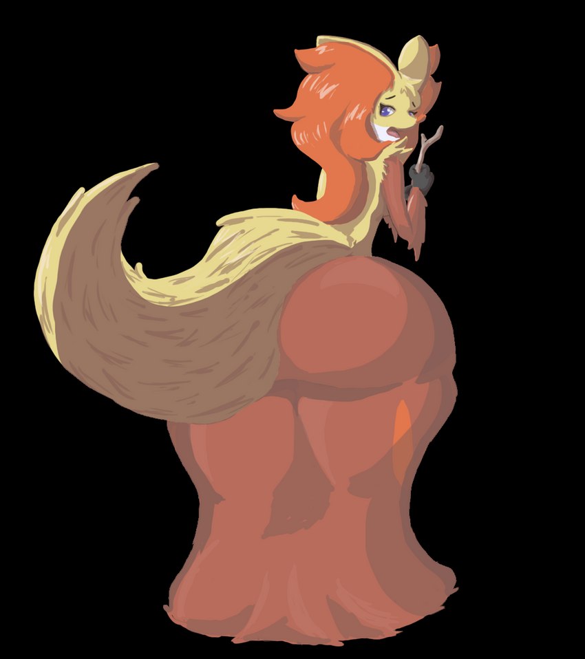 anthro big_butt butt butt_outline clothing dress female fur huge_butt inner_ear_fluff rear_view red_body red_fur solo stick surprised_expression tuft bludragoon nintendo pokemon crescera delphox generation_6_pokemon pokemon_(species) alpha_channel hi_res