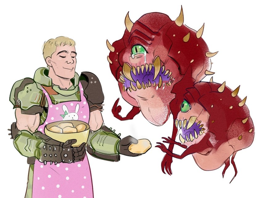 apron armor blonde_hair bodily_fluids bowl clothing container eyebrows eyes_closed food green_armor green_clothing green_eyes group hair holding_bowl holding_container holding_object male open_mouth pink_apron pink_clothing plant potato simple_background spikes spikes_(anatomy) tears teeth trio vegetable white_background y-lindermann doom_(series) id_software microsoft doom_slayer cacodemon demon human mammal 2020 digital_drawing_(artwork) digital_media_(artwork)