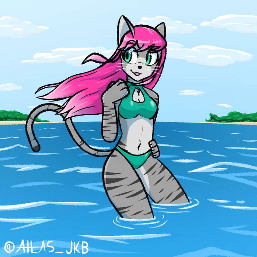 anthro beach bikini bikini_bottom bikini_top breasts chest_tuft clothing cloud female fur green_clothing green_eyes grey_body grey_fur hair hand_on_hip hand_on_shoulder markings outside pink_hair sea seaside solo standing swimwear tuft two-piece_swimsuit water whiskers white_hair atlas_jkb anya_(atlas_jkb) domestic_cat felid feline felis mammal 1:1 signature