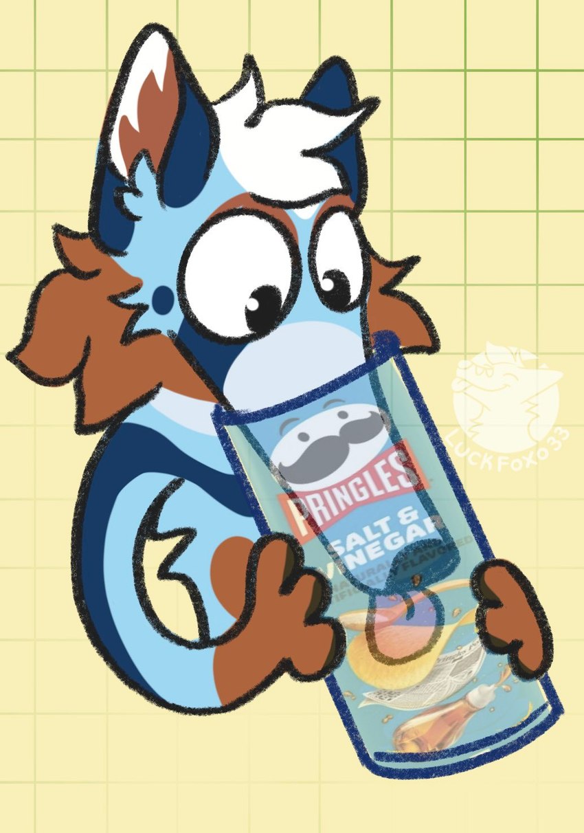 anthro blue_body blue_fur brown_body brown_fur cheek_tuft facial_tuft fur hair humor male pattern_background simple_background solo tongue tongue_out tuft white_hair wide_eyed yellow_background luckfoxo33 let_me_do_it_for_you pringles canid canine canis domestic_dog herding_dog mammal pastoral_dog hi_res meme