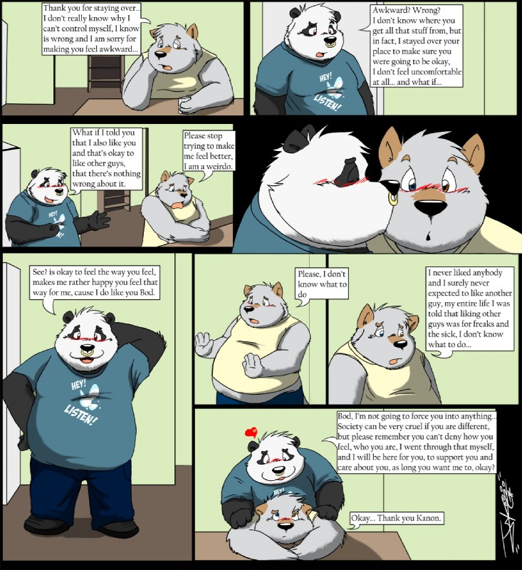 angst anthro blush clothed clothing dialogue fully_clothed heart_symbol heterochromia inside male male/male overweight romantic romantic_couple slice_of_life text jakegr bod kanon bear canid canine canis domestic_dog giant_panda mammal comic english_text hi_res