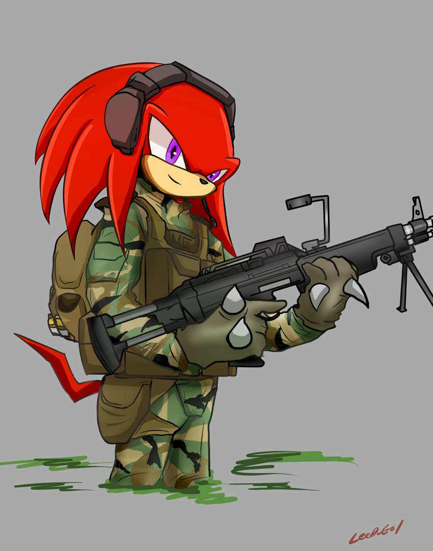 anthro backpack bag clothed clothed_anthro clothed_male clothing electronics fur gloves gun handwear headgear headphones headset holding_gun holding_object holding_ranged_weapon holding_weapon machine_gun male male_anthro military purple_eyes ranged_weapon red_body red_fur red_tail solo tail topwear vest weapon endjfcar sega sonic_the_hedgehog_(series) knuckles_the_echidna echidna mammal monotreme 2015 digital_media_(artwork) hi_res portrait signature