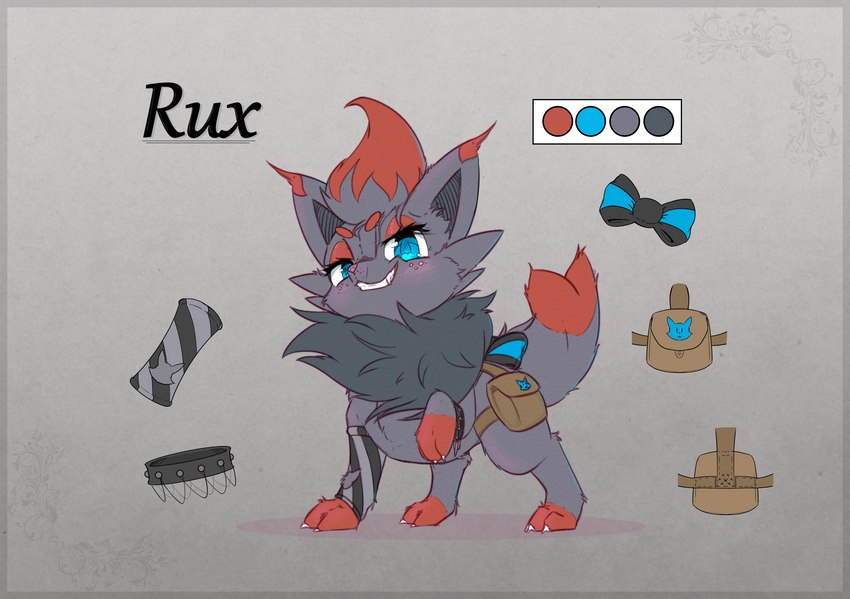 ambiguous_gender arm_warmers armwear belt_pouch blue_eyes bracelet clothing color_swatch feral jewelry ribbons smile smiling_at_viewer smirk solo text pawoo nintendo pokemon rux_(zorua) generation_5_pokemon pokemon_(species) zorua 2021 hi_res model_sheet