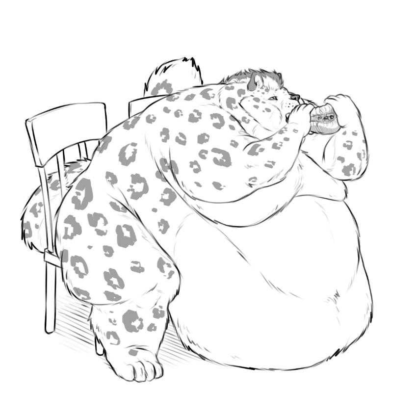 anthro belly belly_overhang big_belly chair chubby_cheeks eating food fur furniture holding_food holding_object male markings moobs morbidly_obese morbidly_obese_anthro morbidly_obese_male nude obese obese_anthro obese_male overweight overweight_anthro overweight_male pizza simple_background sitting solo spots spotted_body spotted_fur thick_thighs white_background wide_hips sugarboy felid mammal pantherine snow_leopard 1:1 greyscale monochrome