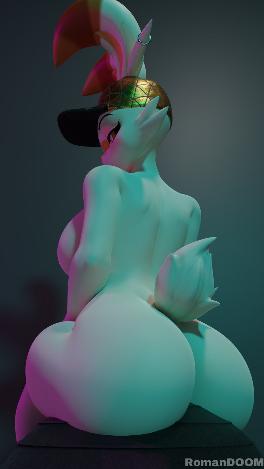 anthro ball black_background breasts butt butt_focus clothing ear_piercing exercise_ball female hat hat_only headgear headgear_only headwear headwear_only looking_at_viewer mostly_nude nude piercing simple_background solo white_body romandoom valorlynz_(modeler) blender_cycles nintendo pokemon bunni_(valorlynz) generation_8_pokemon lagomorph leporid mammal pokemon_(species) rabbit scorbunny 3d_(artwork) 9:16 blender_(artwork) digital_media_(artwork) hi_res