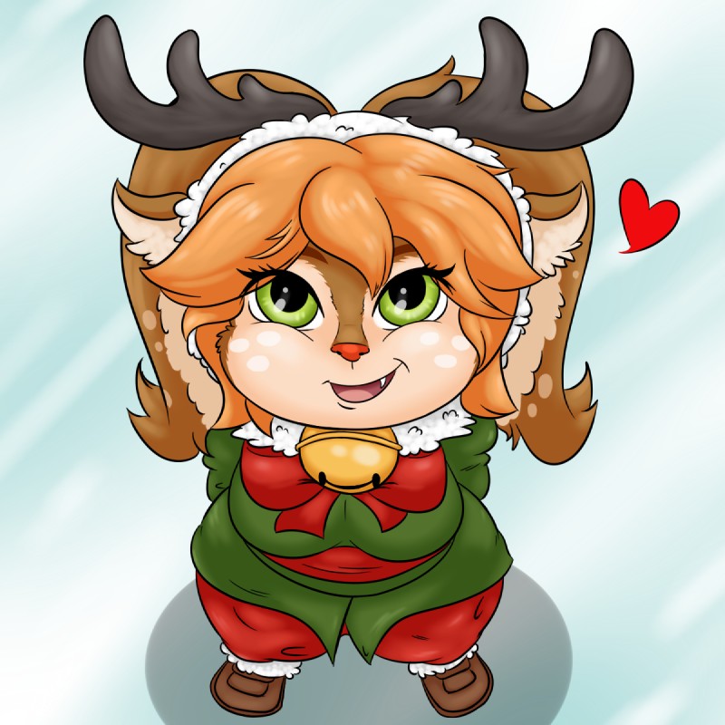 alternate_species anthro antlers bell bird's-eye_view bow_(feature) breasts brown_body brown_fur clothed clothing female fur green_eyes hair heart_symbol high-angle_view holidays horn jacket looking_at_viewer multicolored_body multicolored_fur open_mouth orange_hair red_nose short_stack simple_background smile solo thick_thighs topwear two_tone_body two_tone_fur grandpaced christmas league_of_legends riot_games tencent poppy_(lol) snow_fawn_poppy_(lol) deer mammal new_world_deer reindeer yordle 1:1 2018 digital_media_(artwork) hi_res