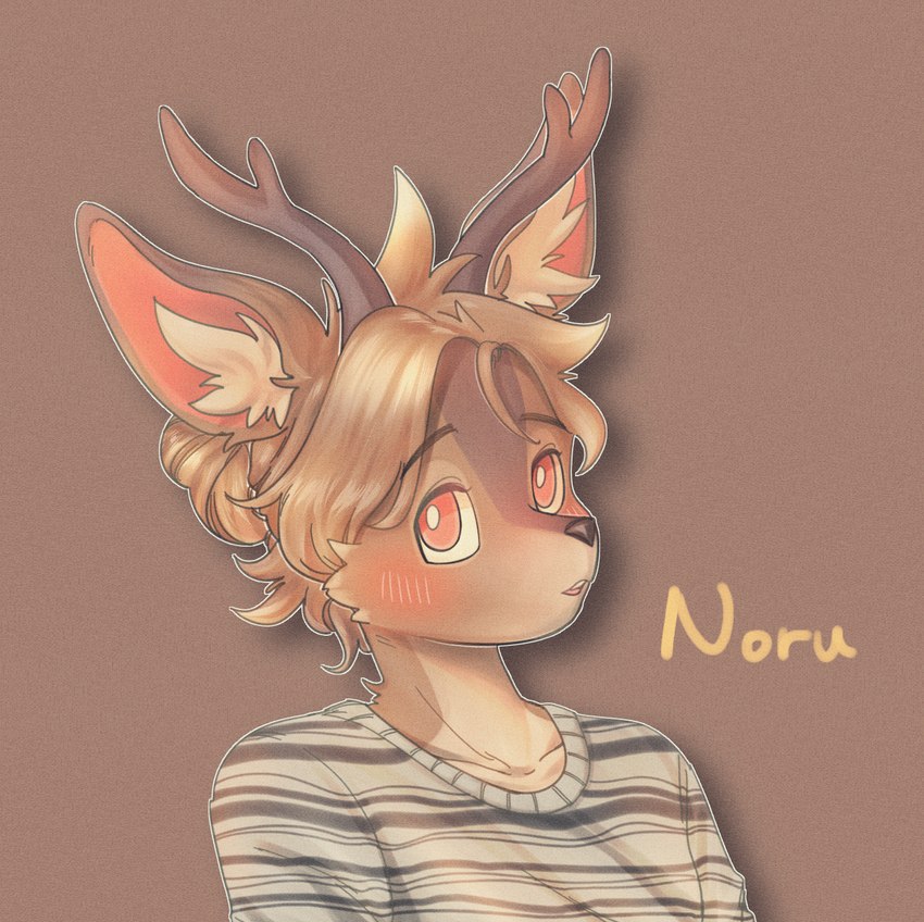 ambiguous_gender anthro blush brown_body clothed clothing hair horn inner_ear_fluff looking_at_viewer pattern_clothing pink_eyes solo striped_clothing stripes tied_hair tuft noruru3737 noru_(noruru3737) deer mammal new_world_deer roe_deer hi_res