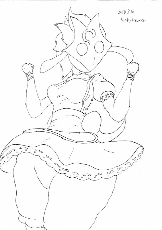 anthro clothed clothing featureless_crotch female maid_uniform solo uniform punkydreamer league_of_legends riot_games tencent kindred_(lol) lamb_(lol) featureless_(disambiguation) 2016 hi_res line_art monochrome