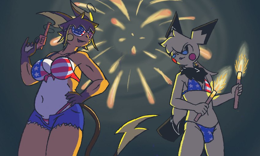 american_flag_bikini anthro bikini bikini_bottom bikini_bulge bikini_top bottomwear breasts bulge clothed clothing crossdressing duo eyewear female femboy fireworks flag_bikini hair hotpants male male/female ponytail shorts skimpy slightly_chubby string_bikini sunglasses swimwear thong triangle_bikini two-piece_swimsuit underwear i-am-that-japanesse nintendo pokemon alexis_harley premio_masters generation_1_pokemon generation_2_pokemon pichu pokemon_(species) raichu 5:3 hi_res sketch