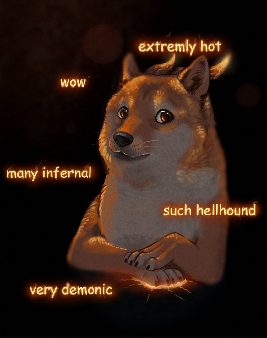 ambiguous_gender feral fur horn humor looking_at_viewer solo text whiskers nightgrowler dogelore mythology doge canid canid_demon canine canis demon domestic_dog hellhound mammal mythological_canine mythological_creature shiba_inu spitz english_text hi_res meme