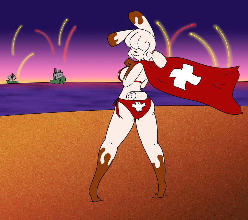 anthro barefoot beach bra brown_body brown_fur butt clothing feet female fur hair hair_over_eyes outside panties public seaside solo swimwear swiss_flag switzerland underwear white_body white_fur white_hair deepfriedlasereyes melly_(itsmemtfo4) lagomorph leporid mammal rabbit hi_res