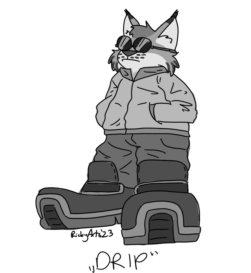 anthro bottomwear clothing countershade_face countershading eyewear hand_in_pocket male oversized_bottomwear oversized_clothing oversized_pants pants pockets simple_background solo sunglasses white_background ricky_arts among_us_drip drip_(meme) inktober felid feline humanoid lynx mammal 2023 meme monochrome