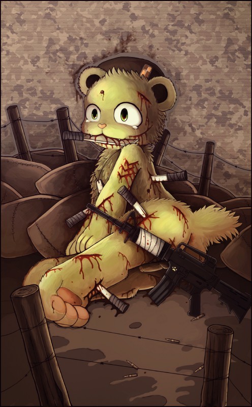 assault_rifle barbed_wire blood bodily_fluids fur gore gun kemono knife male ranged_weapon rifle sandbag simple_background solo tears weapon wounded feanor happy_tree_friends flippy_(htf) fliqpy_(htf) bear mammal hi_res