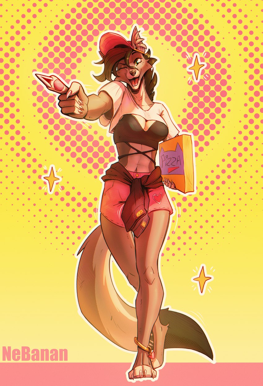 anthro bottomwear bra breasts cheek_tuft clothing container crop_top dipstick_tail ear_tuft facial_tuft female gesture hair hand_gesture hotpants markings midriff one_eye_closed pizza_box pointing shirt shorts solo tail tail_markings topwear tuft underwear wink nebanan canid canine canis mammal wolf hi_res