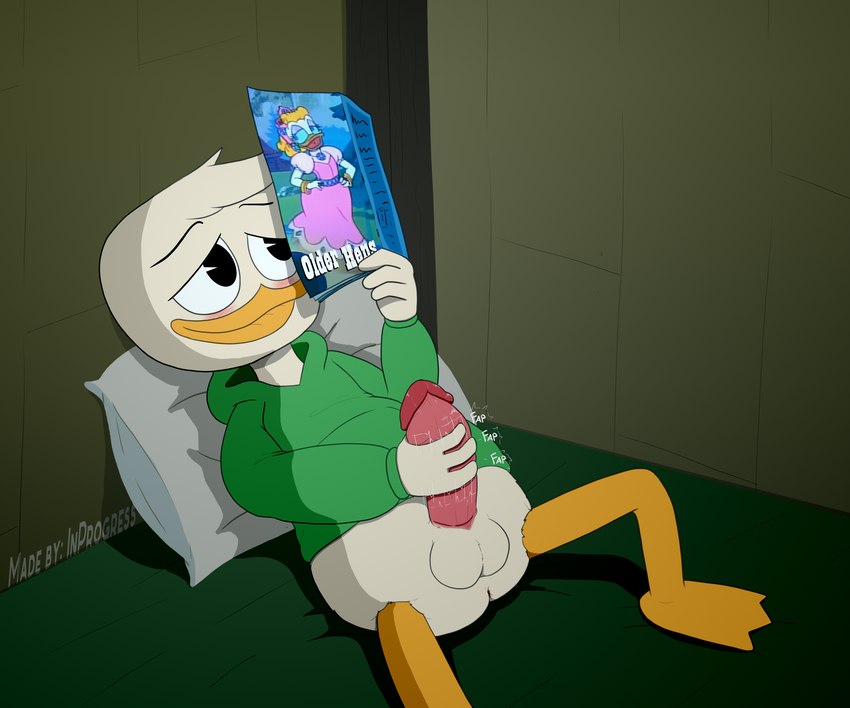 anthro anus balls bed bedroom blush butt clothing furniture genitals hand_on_penis hoodie humanoid_genitalia humanoid_penis magazine male masturbation penis porn_magazine pornography solo topwear young young_anthro young_male inprogress disney ducktales ducktales_(2017) louie_duck anatid anseriform avian bird duck 6:5 absurd_res hi_res