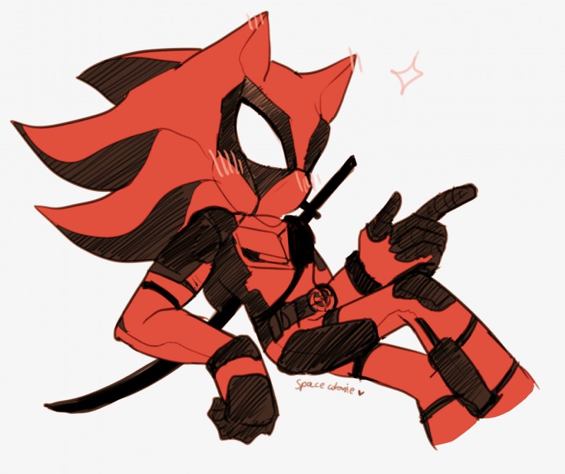 anthro biped clothing cosplay costume crossover_cosplay male simple_background sitting solo white_background spacecolonie marvel sega sonic_the_hedgehog_(series) deadpool shadow_the_hedgehog eulipotyphlan hedgehog mammal 2017 crossover hi_res