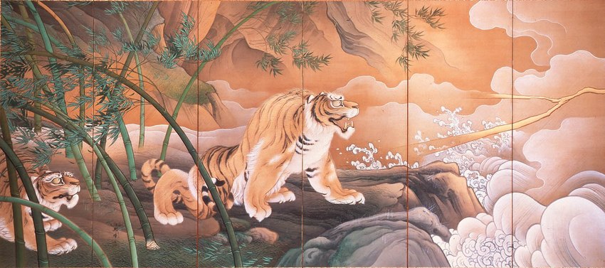 ambiguous_gender bamboo bamboo_tree claws countershade_fur countershade_torso countershading duo fangs feral fur open_mouth paws plant quadruped striped_body striped_fur stripes tail teeth tree hashimoto_gahou public_domain felid mammal pantherine tiger 1895 19th_century ancient_art traditional_media_(artwork)