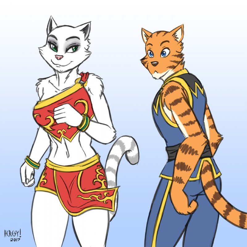 blue_eyes duo female fur green_eyes jogging male midriff navel orange_body orange_fur white_body white_fur heresy_(artist) legend_of_kay kay_(legend_of_kay) su_ling felid mammal 1:1 digital_media_(artwork) hi_res