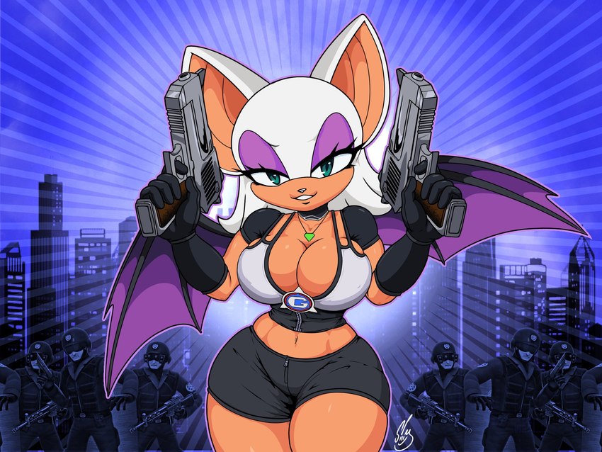 anthro bedroom_eyes big_breasts black_clothing black_gloves black_handwear bottomwear breasts choker cleavage cleavage_overflow clothed clothing female gloves group handwear hotpants jewelry male male/female narrowed_eyes necklace pistols seductive shorts smile smiling_at_viewer solo_focus toned_stomach wide_hips barely_sly sega sonic_the_hedgehog_(series) g.u.n._commander rouge_the_bat bat mammal 4:3 hi_res