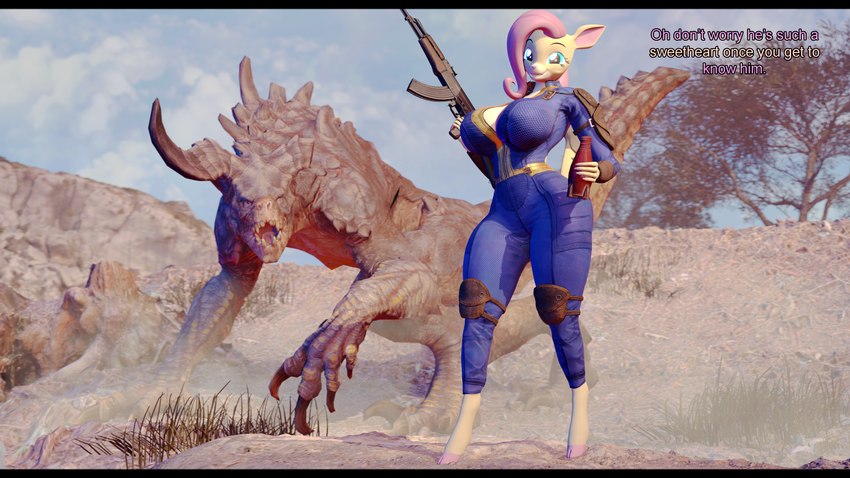 2_horns alternate_species anthro anthrofied big_breasts black_bars breasts claws curvy_figure detailed_background dialogue duo eyelashes female fingers fur gun hair holding_gun holding_object holding_ranged_weapon holding_weapon hooves horn hourglass_figure long_tail looking_at_viewer male multicolored_body multicolored_fur nuka-cola outside pink_hair plant ranged_weapon sharp_teeth small_waist smile tail talking_to_viewer teal_eyes teeth text thick_thighs tree two_tone_body two_tone_fur vault_suit voluptuous weapon wide_hips yellow_body yellow_fur themanwithaquest bethesda_game_studios fallout friendship_is_magic hasbro microsoft my_little_pony fluttershy_(mlp) deathclaw deer mammal scalie 16:9 2024 3d_(artwork) 4k absurd_res digital_media_(artwork) english_text hi_res letterbox source_filmmaker_(artwork) widescreen