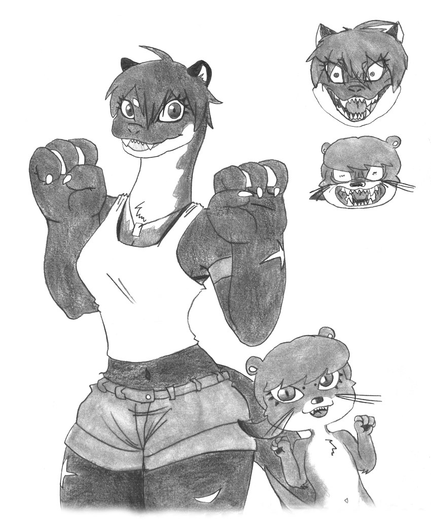 angry anthro chest_tuft clothing collar duo fangs feet female hair membrane_(anatomy) navel open_mouth ponytail scar shirt short_hair tank_top teeth toes topwear tuft webbed_feet webbed_hands whiskers efradraws lon_(northwind) giant_otter mammal mustelid otter river_otter absurd_res graphite_(artwork) hi_res monochrome sketch traditional_media_(artwork)