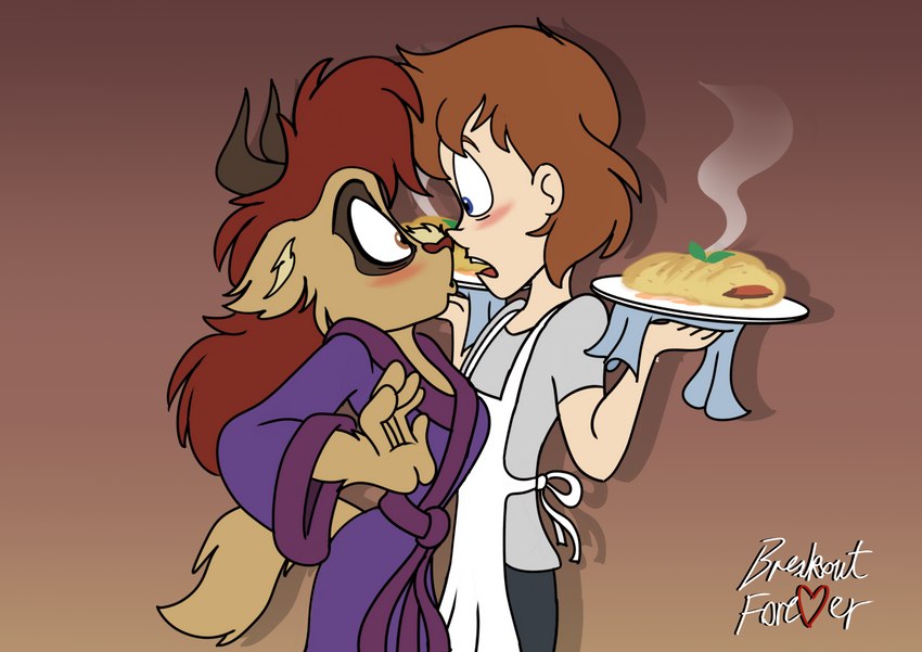 apron bathrobe blush clothing duo female gradient_background male male/female omelette robe romantic romantic_couple simple_background breakoutclub beauty_and_the_beast isla_dubois human mammal monster absurd_res hi_res